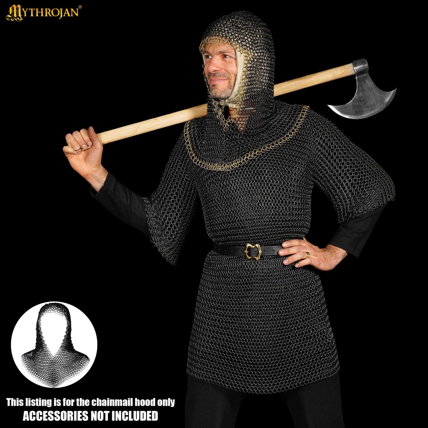 Mythrojan Medieval Chainmail Coif Butted Mild Steel and Solid Brass, Medieval SCA Reenactments Medieval Events, Black Finish with Solid Brass Edges, L