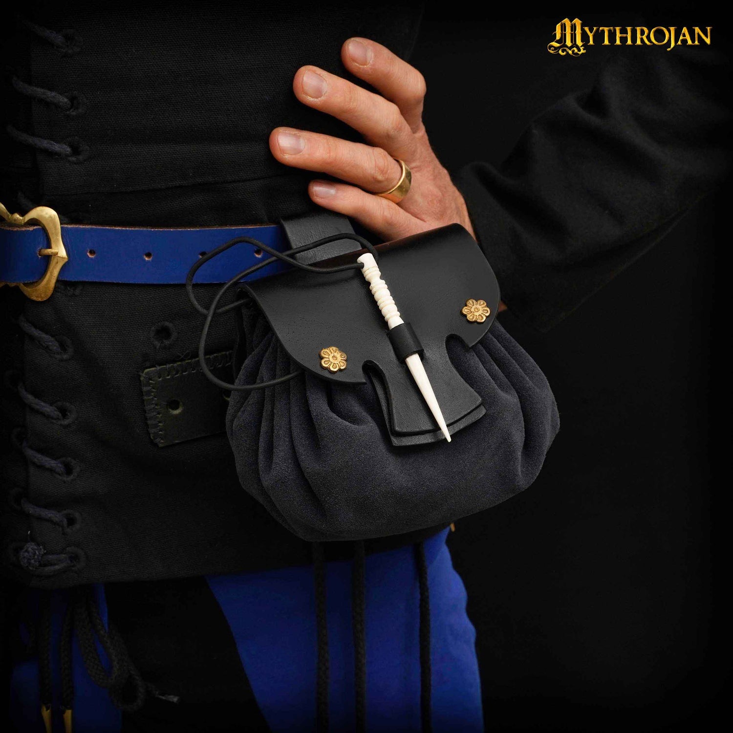 Mythrojan “ Gold and Dice ” Medieval Fantasy Belt Bag with Bone Needle Closure, Ideal for SCA LARP Reenactment &amp; Ren fair, Midnight Navy Blue , 3.5”