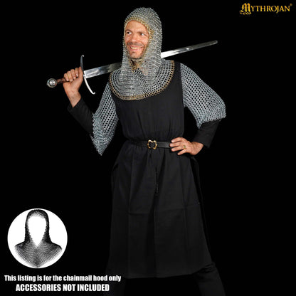 Mythrojan Medieval Chainmail Coif Butted Mild Steel and Solid Brass, Medieval SCA Reenactments Medieval Events, Zinc Plated with Solid Brass Edges, L