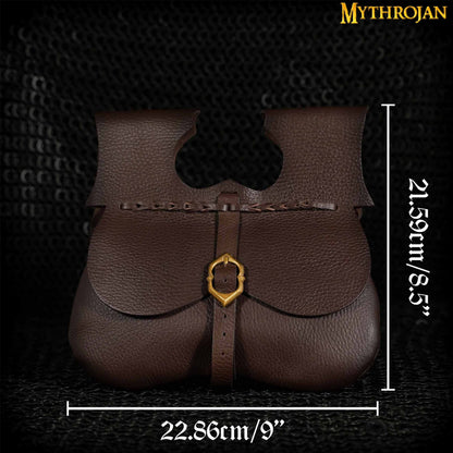 Mythrojan Classic Medieval Belt Bag with Solid Brass Buckle, Ideal for SCA LARP Reenactment &amp; Ren Fair, Full Grain Leather, Brown 8.5”×9”