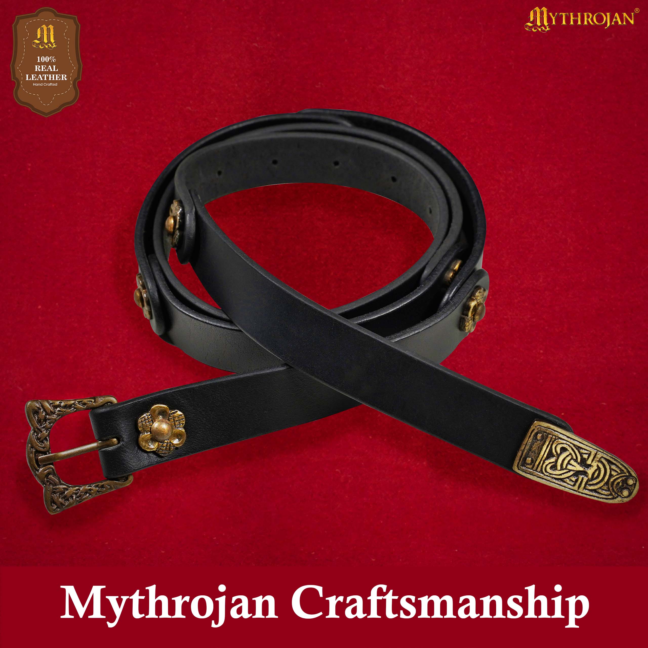 Mythrojan “Laguerta” Viking Leather Belt with Solid Brass historical Buckle and Chape, Ideal for shieldmaiden &amp; warrior in LARP SCA Medieval Reenactment, BLACK