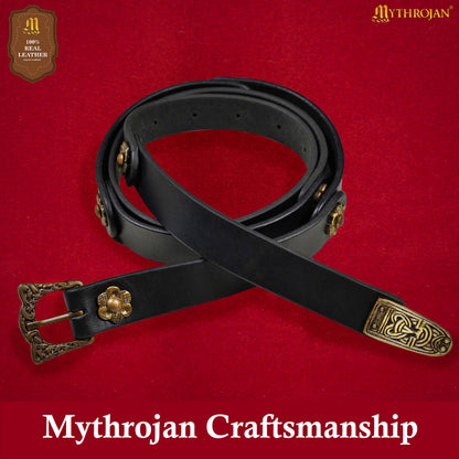 Mythrojan “Laguerta” Viking Leather Belt with Solid Brass historical Buckle and Chape, Ideal for shieldmaiden &amp; warrior in LARP SCA Medieval Reenactment, BLACK
