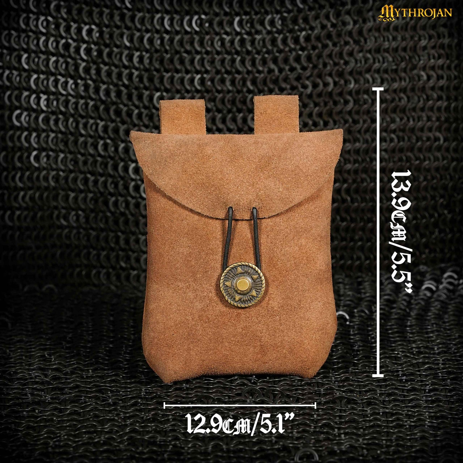 Mythrojan Suede Belt Bag, Ideal for SCA LARP Reenactment &amp; Ren fair, Suede Leather, Brown , 5 .5”× 5.1 ”