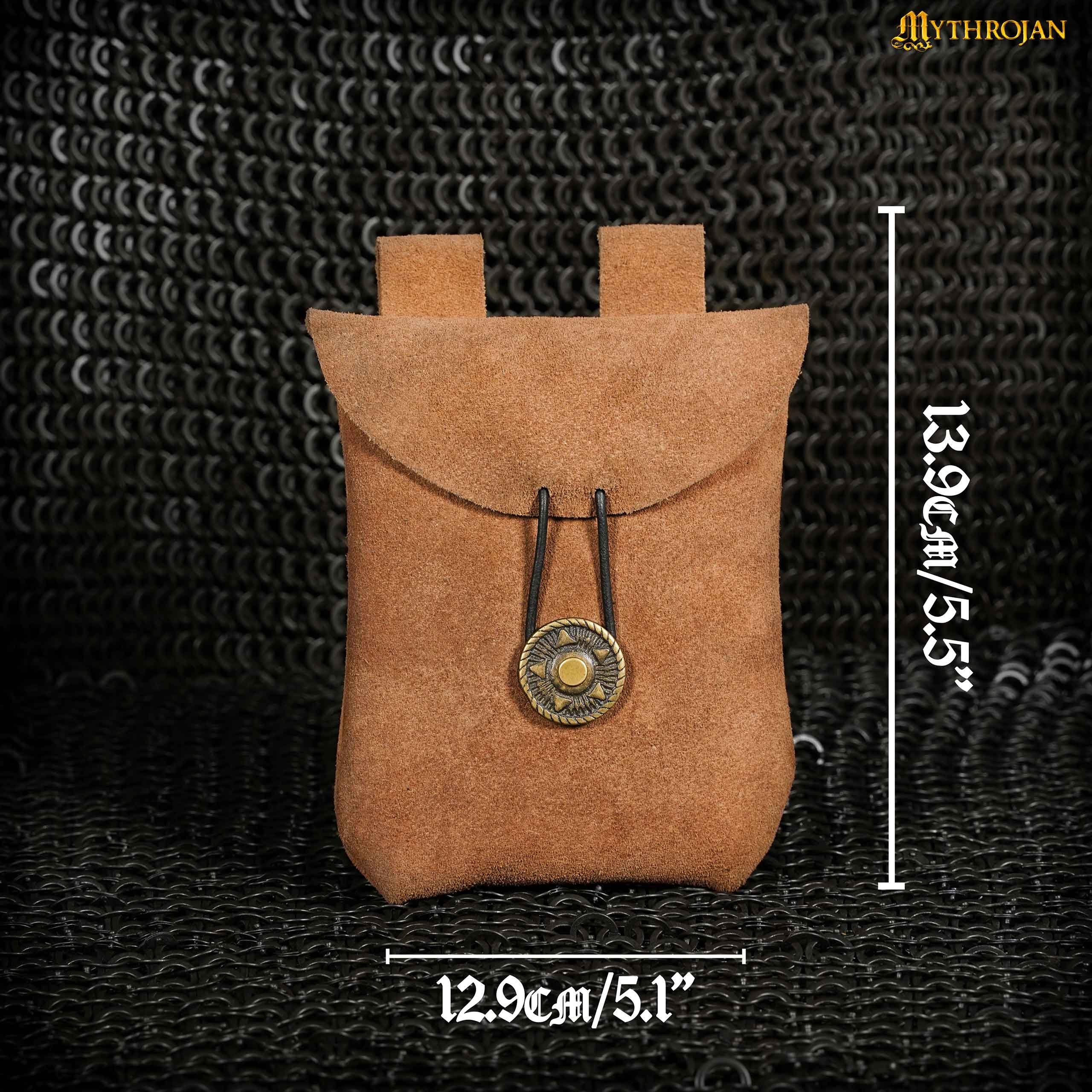 Mythrojan Suede Belt Bag, Ideal for SCA LARP Reenactment &amp; Ren fair, Suede Leather, Brown , 5 .5”× 5.1 ”