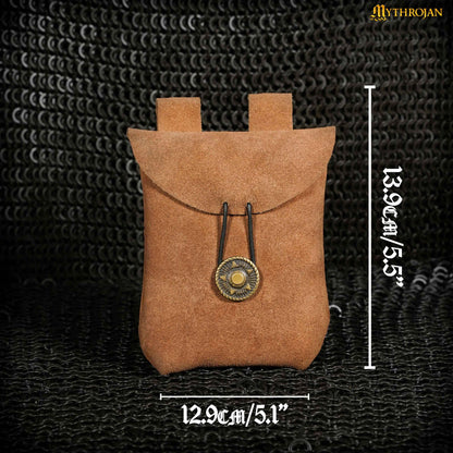 Mythrojan Suede Belt Bag, Ideal for SCA LARP Reenactment &amp; Ren fair, Suede Leather, Brown , 5 .5”× 5.1 ”