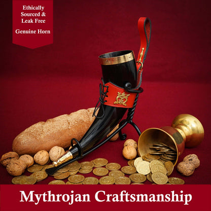 Mythrojan THE ELEGANT LADY Viking Drinking Horn with Red Leather holder Authentic Medieval Inspired Viking Wine/Mead Mug - Polished Finish - 350ML