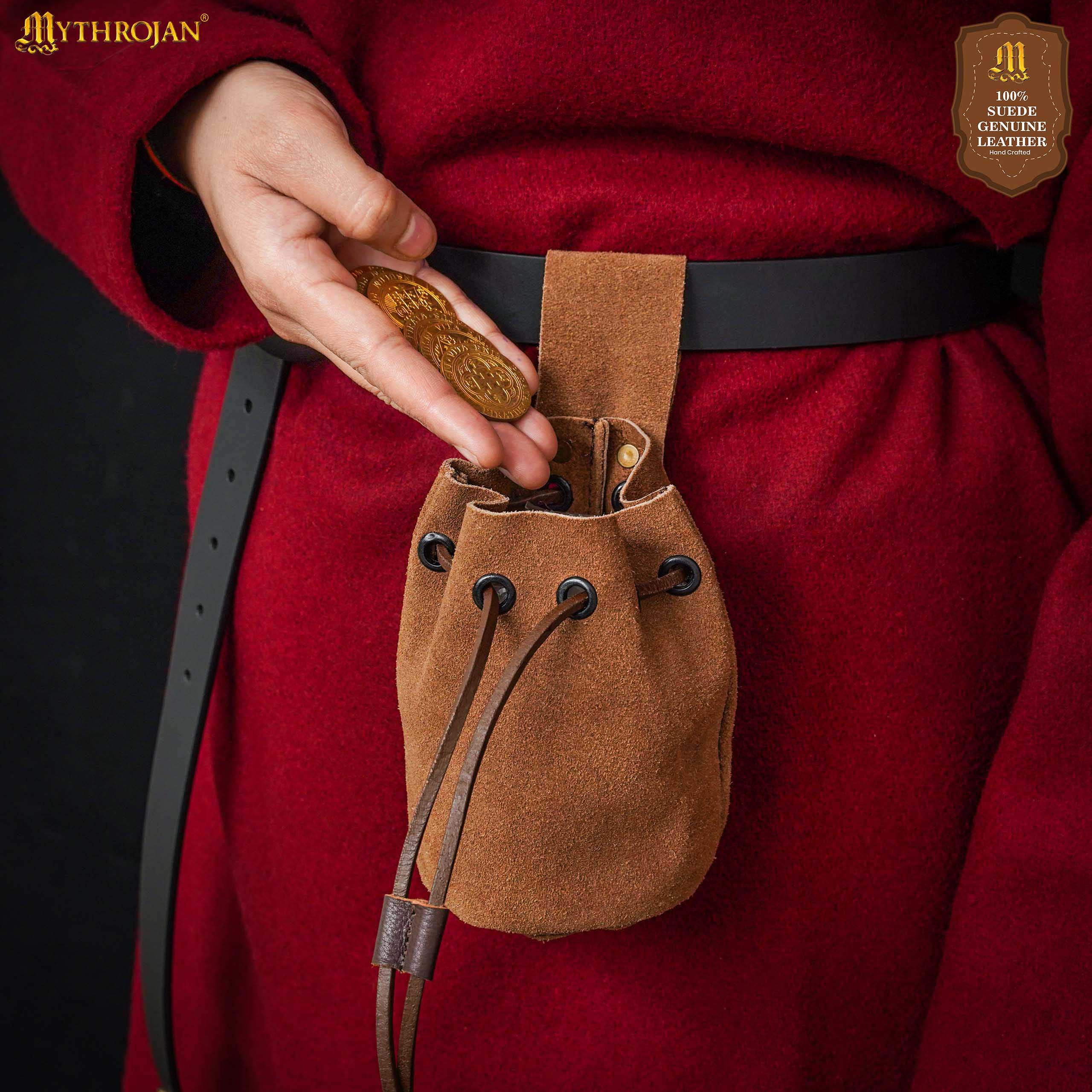 Mythrojan Medieval Drawstring Belt Bag, Ideal for SCA LARP Reenactment &amp; Ren fair , Suede Leather , Brown 6” ×5 ”