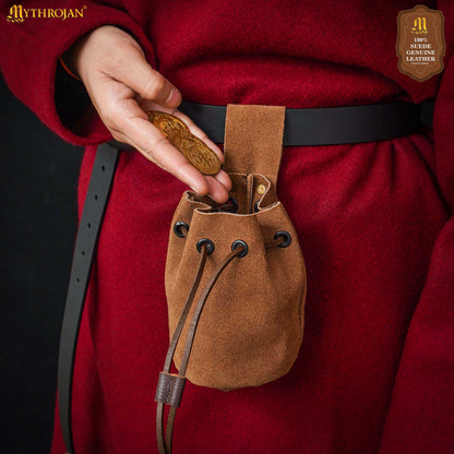 Mythrojan Medieval Drawstring Belt Bag, Ideal for SCA LARP Reenactment &amp; Ren fair , Suede Leather , Brown 6” ×5 ”