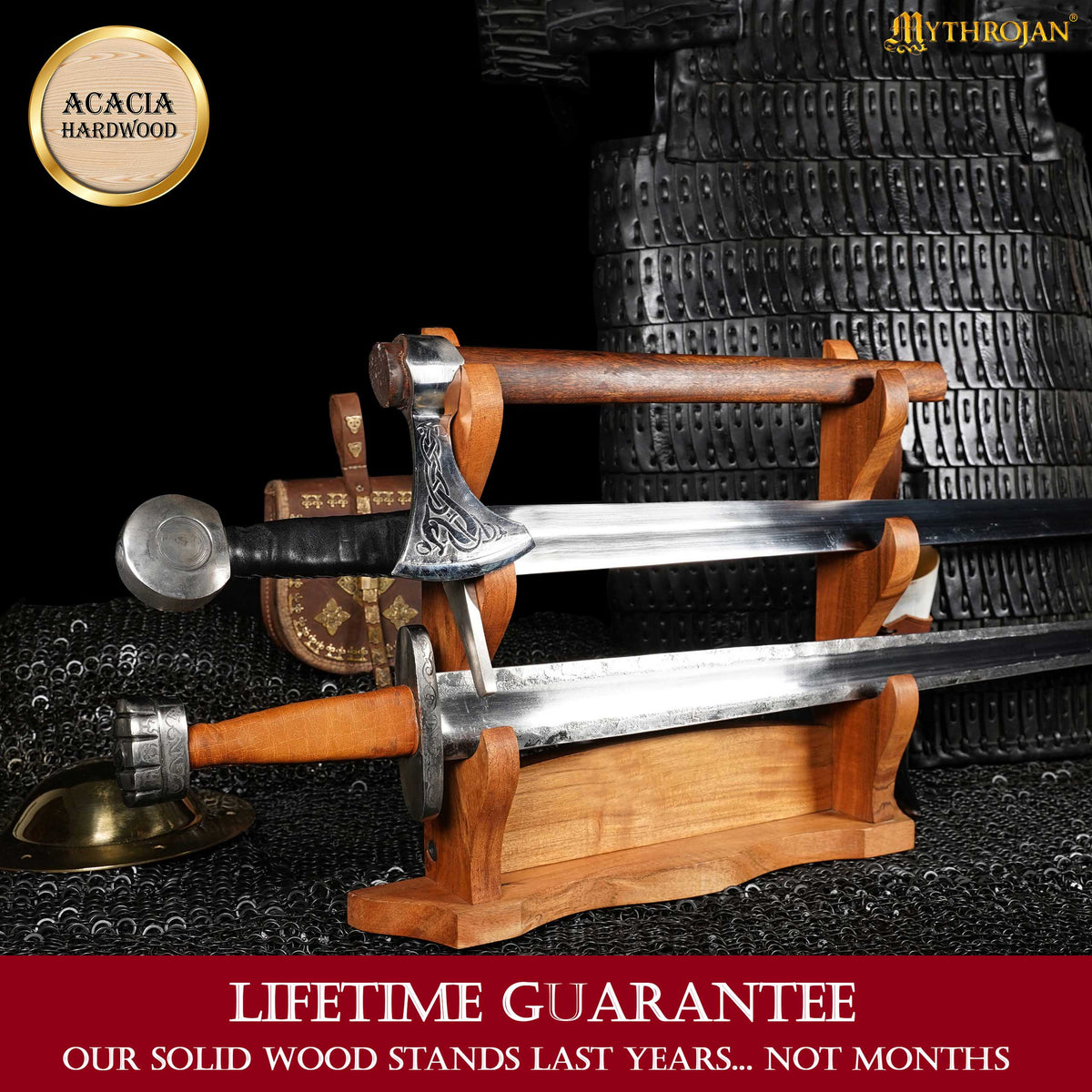 Mythrojan Solid Wood Sword Stand Medieval Sword Wall Mount Samurai Sword Display Stand Katana Sword Holder Gladiator Sword Wall Display Crusader Sword Stand Knife Stand for Display - Three Tier Sand