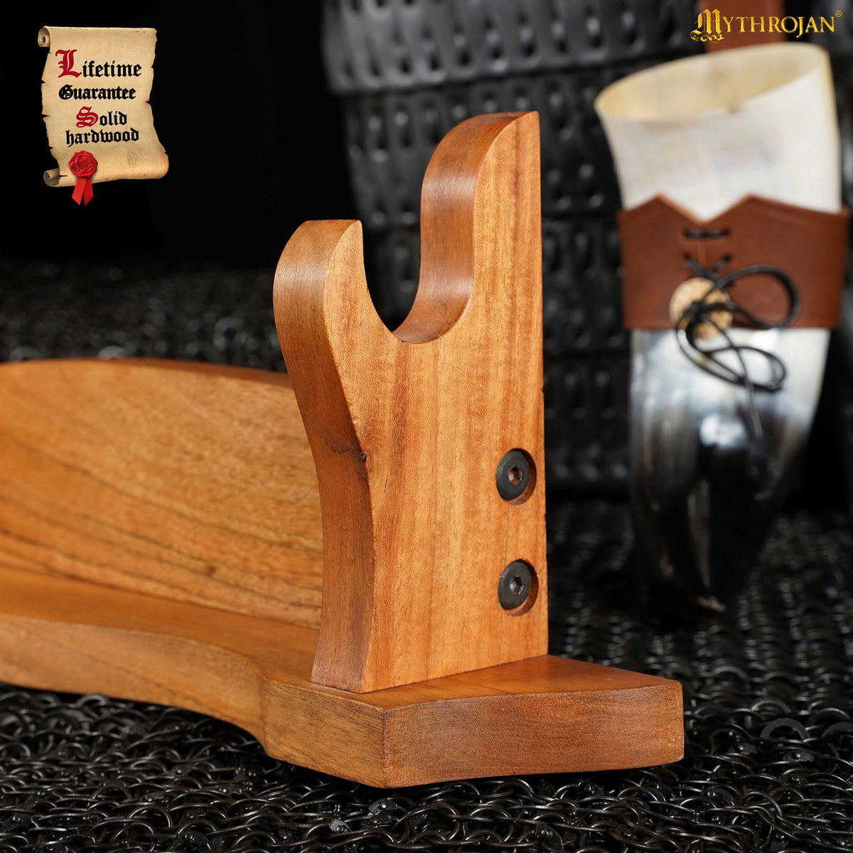 Mythrojan Solid Wood Sword Stand Medieval Sword Wall Mount Samurai Sword Display Stand Katana Sword Holder Gladiator Sword Wall Display Crusader Sword Stand Knife Stand for Display - One Tier Stand 17.5"