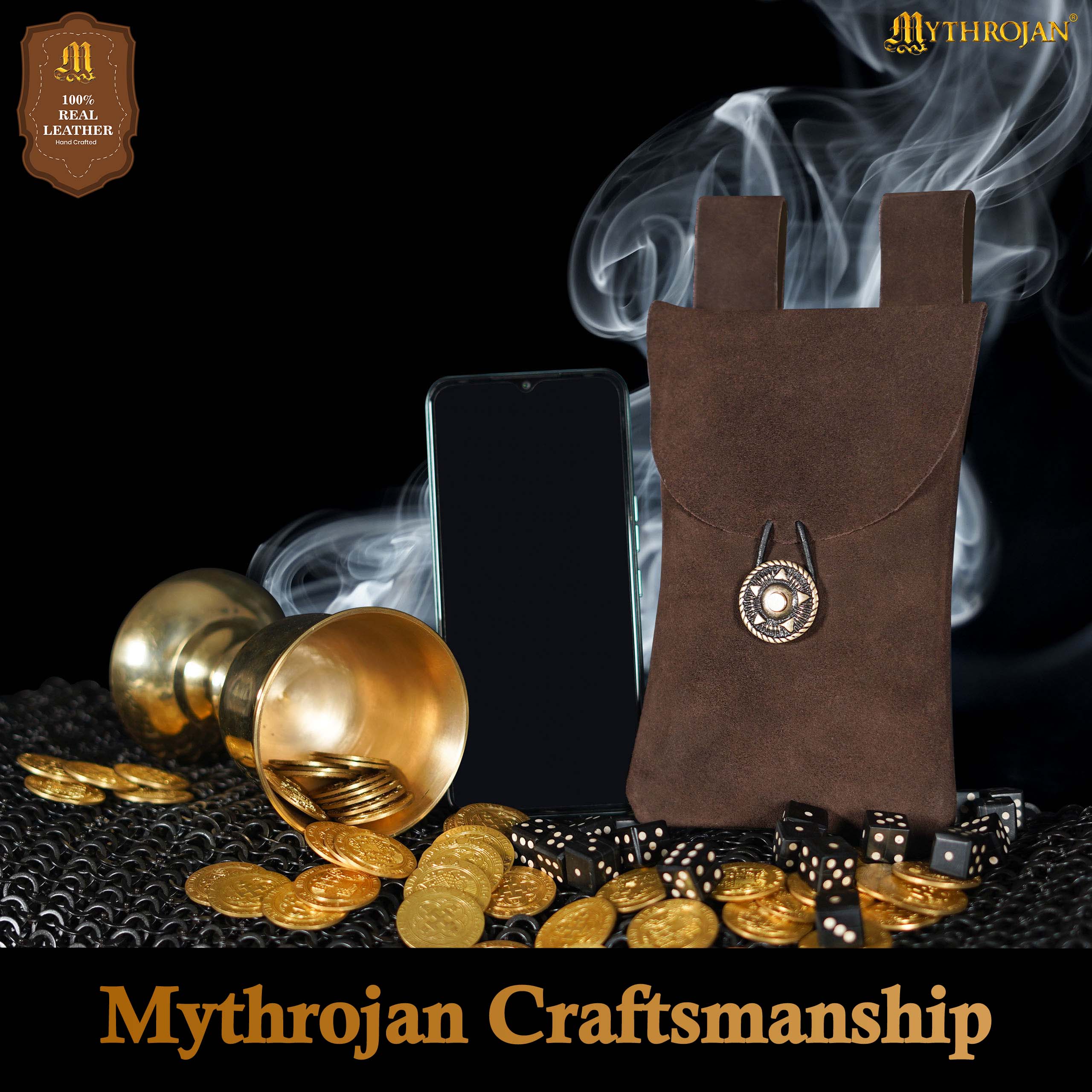 Mythrojan Suede Belt Bag, Ideal for SCA LARP Reenactment &amp; Ren fair, Suede Leather, Chocolate Brown , 7.2 ”× 4.7 ”