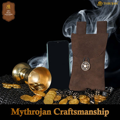 Mythrojan Suede Belt Bag, Ideal for SCA LARP Reenactment &amp; Ren fair, Suede Leather, Chocolate Brown , 7.2 ”× 4.7 ”