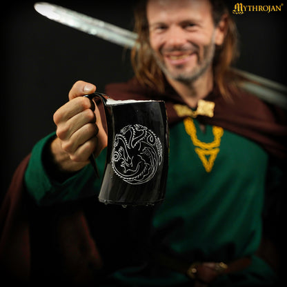 Mythrojan Tumbler Viking Drinking Cup with Handle &amp; Medieval Buckle Renaissance with Leather Strap - Dragon