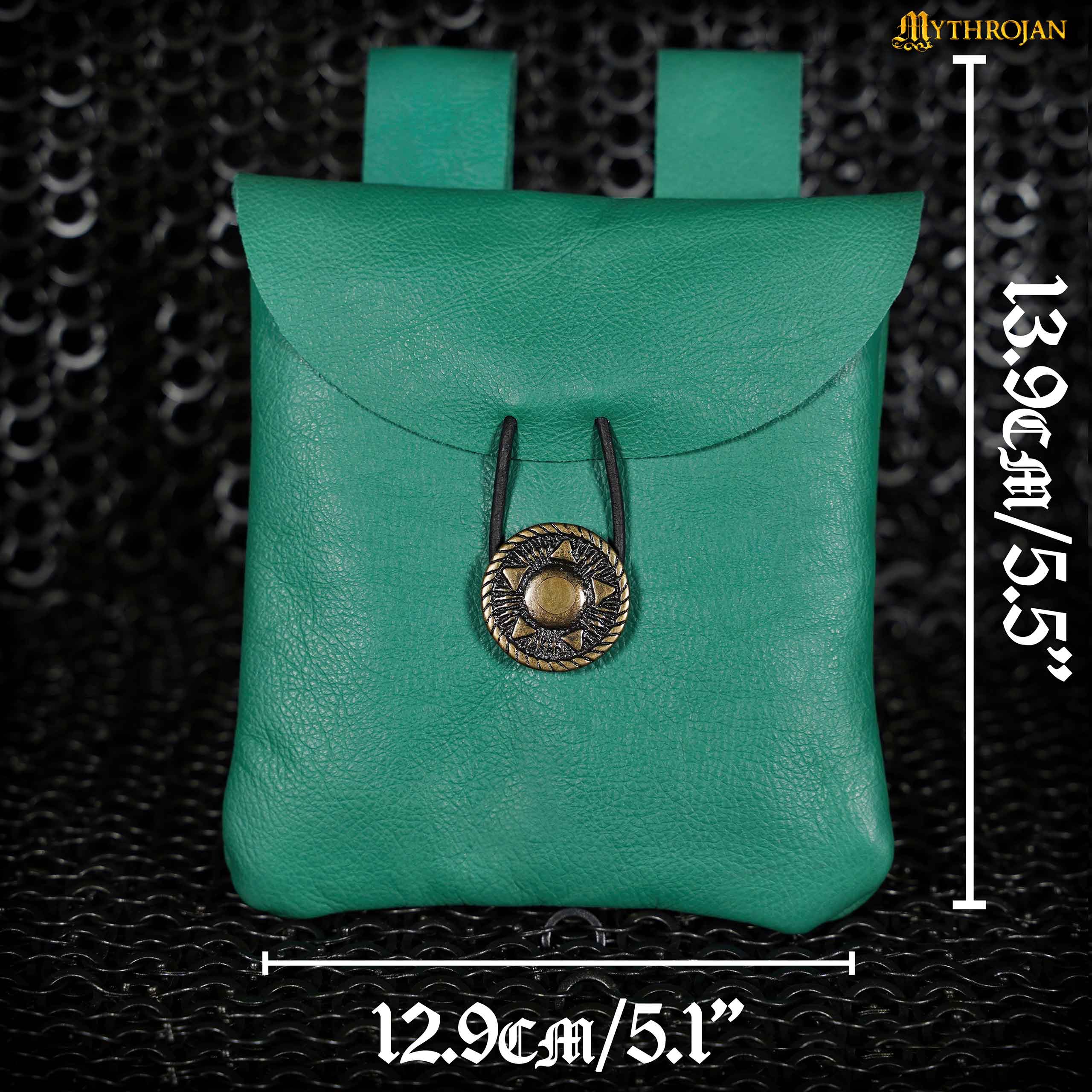 Mythrojan Leather Belt Bag, Ideal for SCA LARP Reenactment &amp; Ren fair, Full Grain Leather, Green , 5 .5”× 5.1 ”