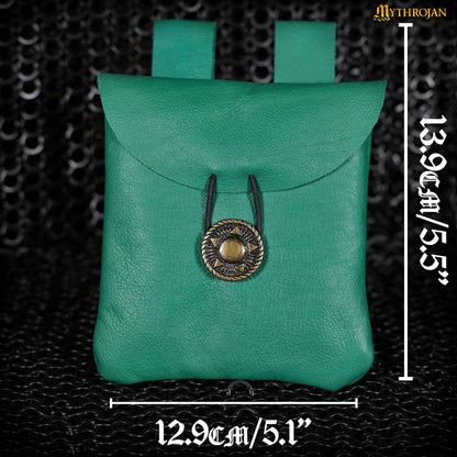 Mythrojan Leather Belt Bag, Ideal for SCA LARP Reenactment &amp; Ren fair, Full Grain Leather, Green , 5 .5”× 5.1 ”