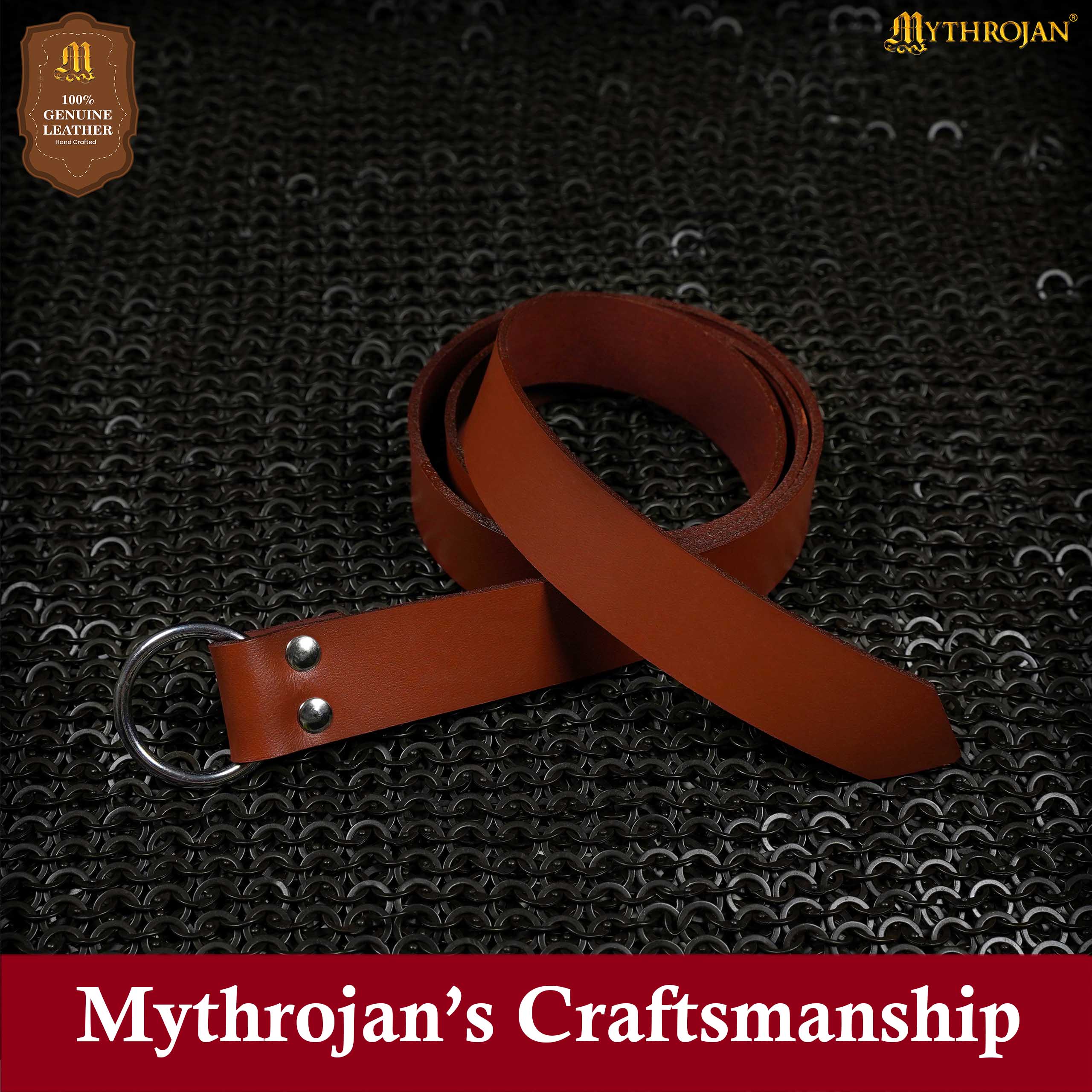 Mythrojan O-Ring Medieval Leather Belt, Ideal for LARP SCA warrior gothic renaissance, Tan, 50 INCHES