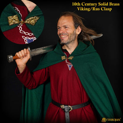 Mythrojan Woolen Hooded Cloak /Cape with BRASS BROOCH Medieval Wool Cape for Ranger LARP SCA Cosplay, Green , Large