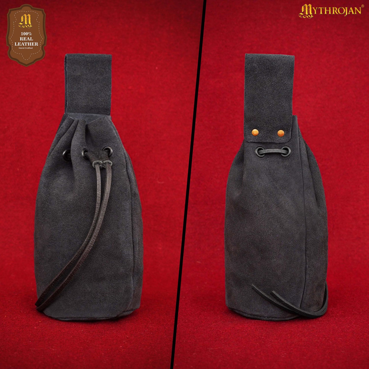 Mythrojan Medieval Drawstring Belt Bag, Ideal for SCA LARP  Reenactment &amp; Ren fair , Suede Leather , Midnight Navy blue 8” ×6.5 ”