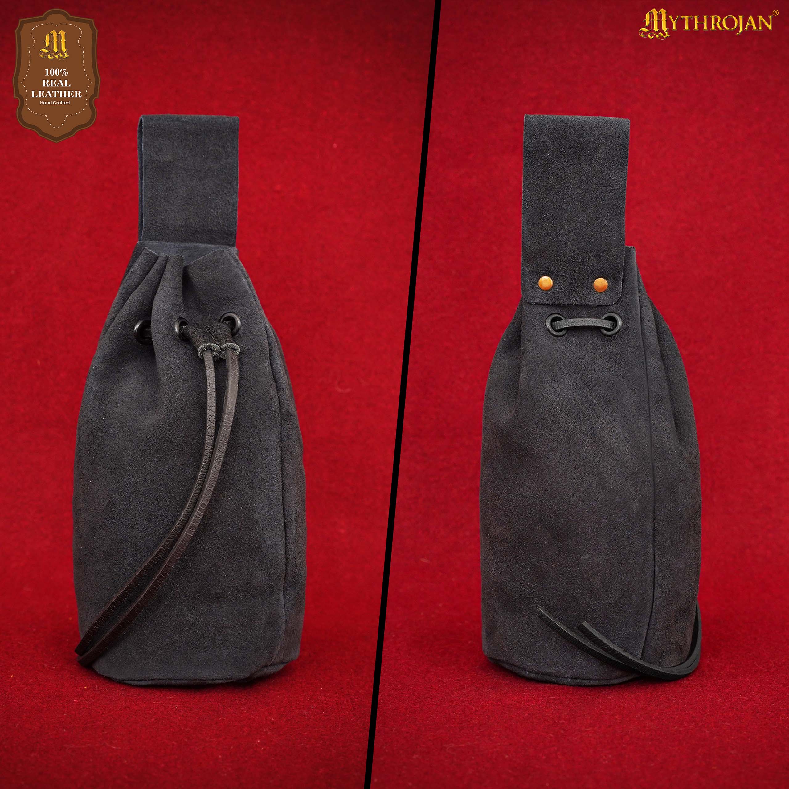 Mythrojan Medieval Drawstring Belt Bag, Ideal for SCA LARP  Reenactment &amp; Ren fair , Suede Leather , Midnight Navy blue 8” ×6.5 ”