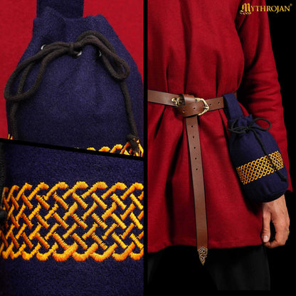 Mythrojan Embroidered Wool Drawstring Belt Pouch: Medieval Viking Celtic Bag Costume Accessories Coin Purse, 8” × 6.5”