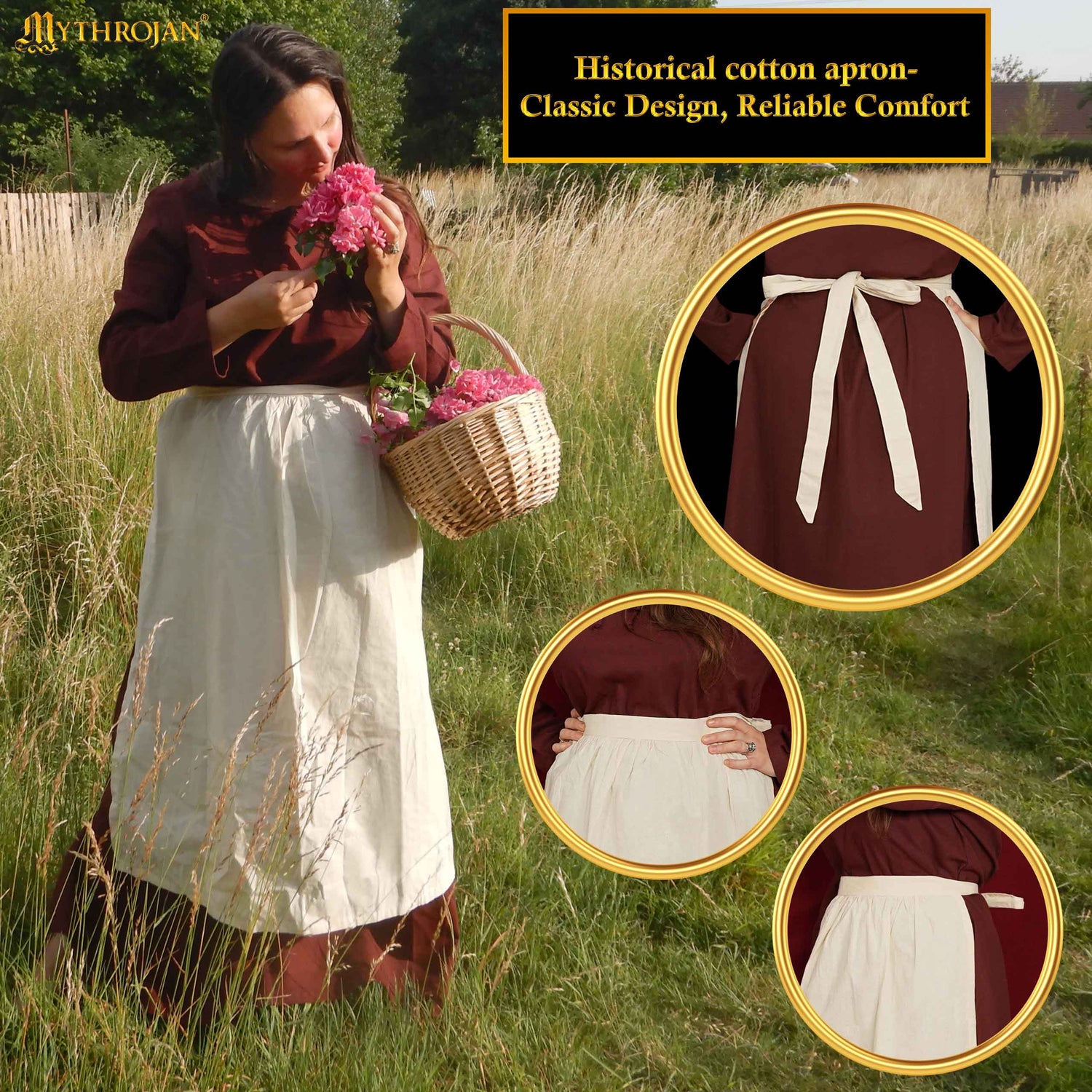 Mythrojan medieval Ecru Apron : ideal for Cooking Baking , renaissance fair, reenactment, LARP, Cosplay Performance, Maid costume, retro Waist Aprons for Women, Girls, Waitress