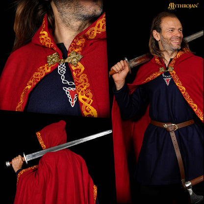Mythrojan Woolen Embroidered Hooded Cloak /Cape with BRASS BROOCH Wool Cape for Ranger LARP SCA Cosplay