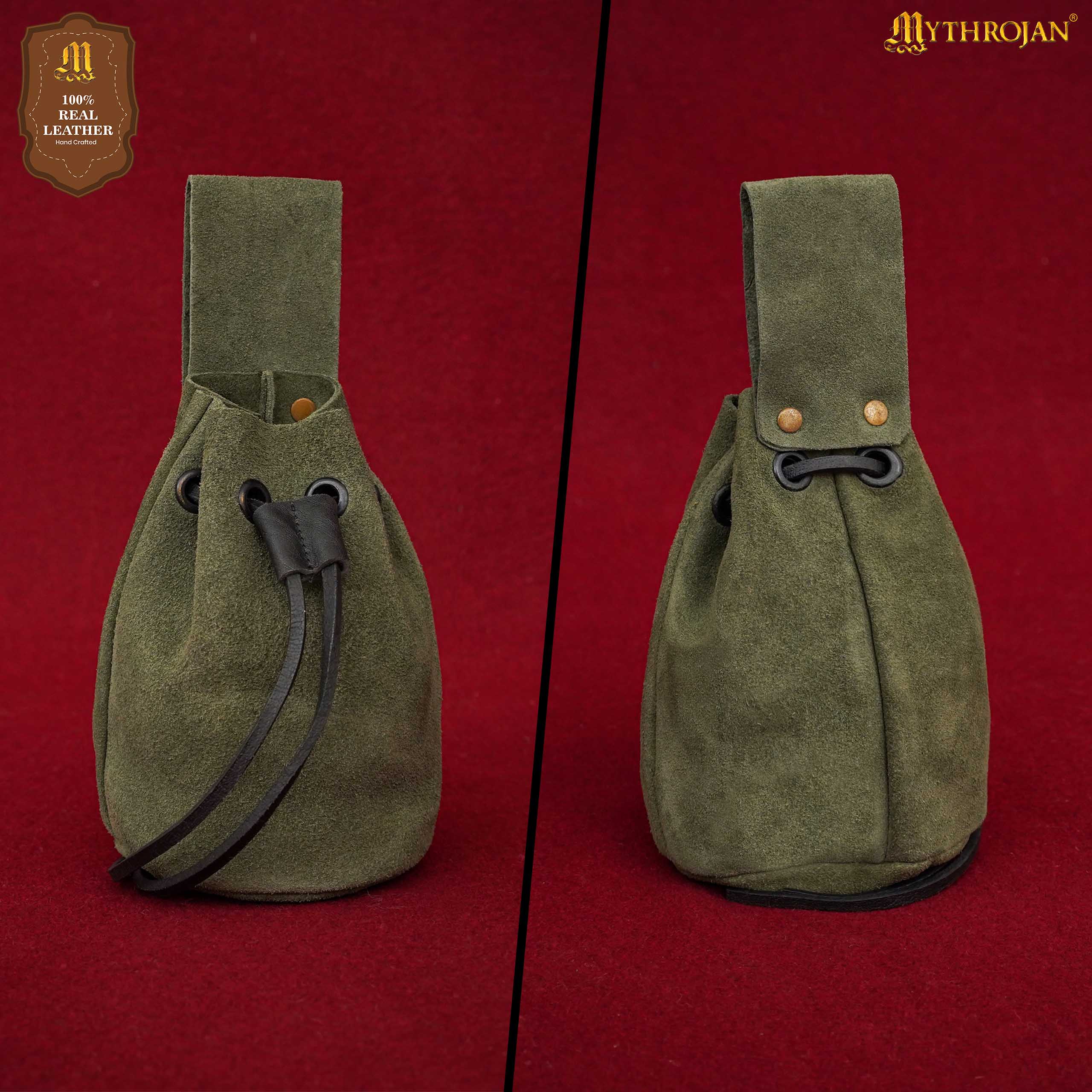 Mythrojan Medieval Drawstring Belt Bag, Ideal for SCA LARP Reenactment &amp; Ren Fair, Suede Leather, Sage 6”×5”