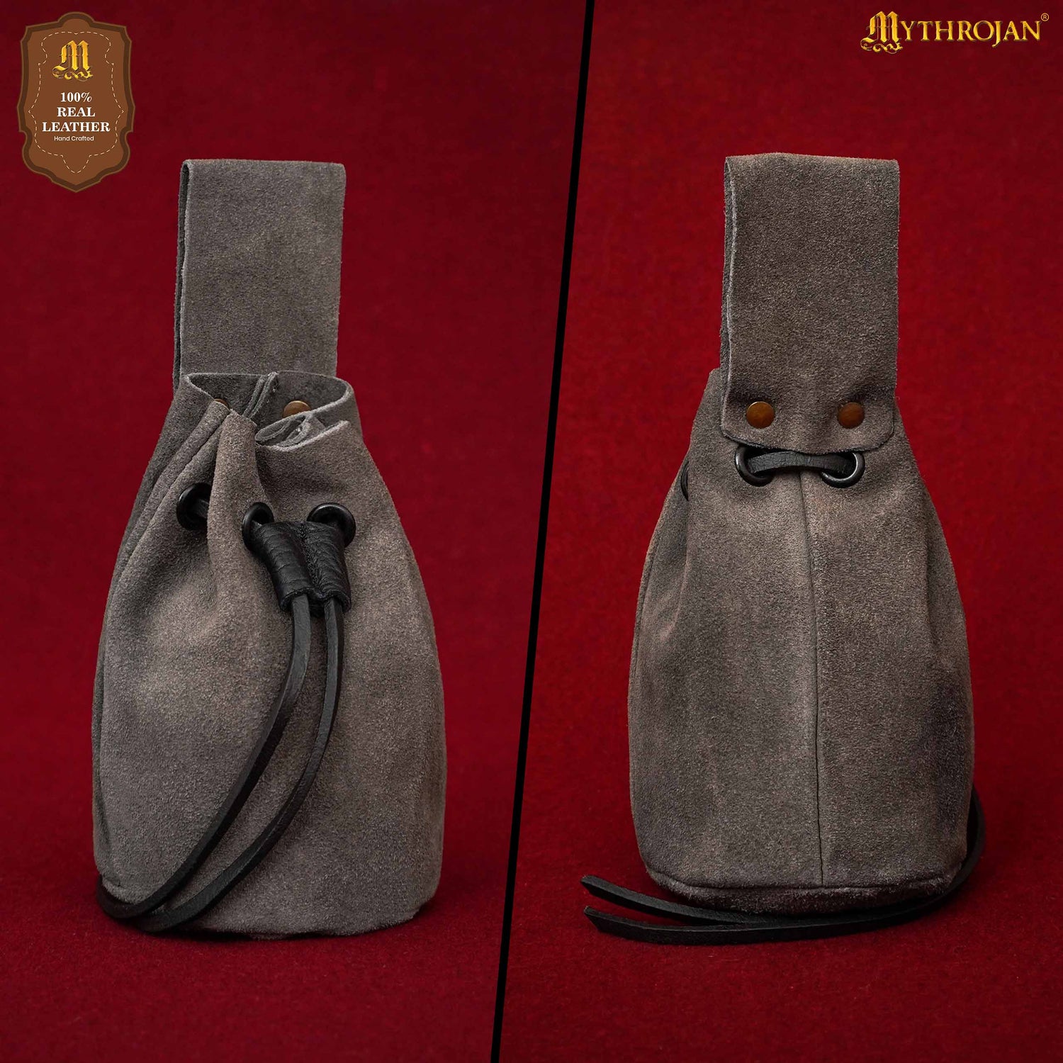 Mythrojan Medieval Drawstring Belt Bag, Ideal for SCA LARP Reenactment &amp; Ren Fair, Suede Leather, Grey 6”×5”
