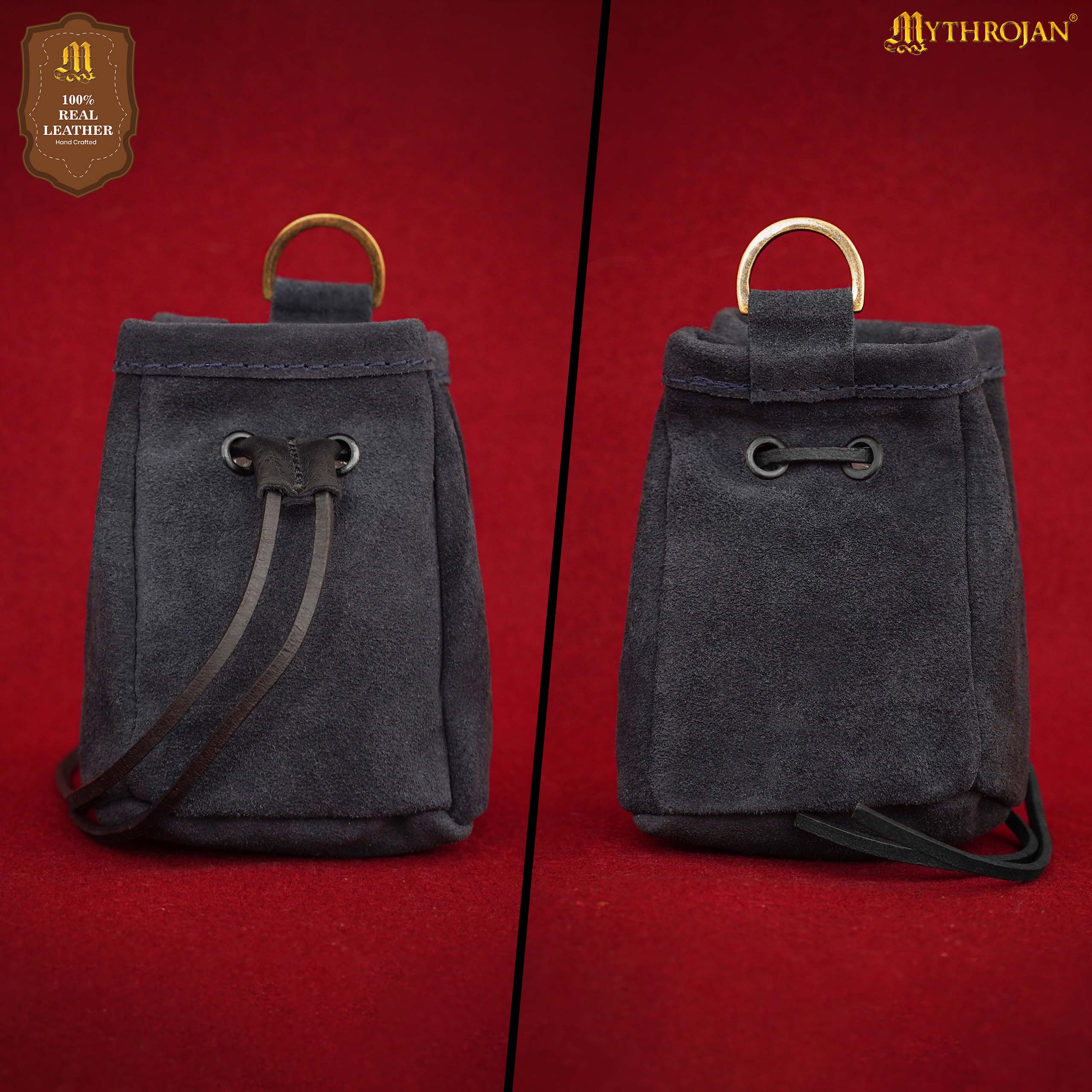 Mythrojan Medieval Drawstring Belt Bag, ideal for SCA LARP reenactment &amp; Ren fair, Suede Leather, Midnight Navy Blue, 5”×4”