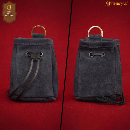 Mythrojan Medieval Drawstring Belt Bag, ideal for SCA LARP reenactment &amp; Ren fair, Suede Leather, Midnight Navy Blue, 5”×4”