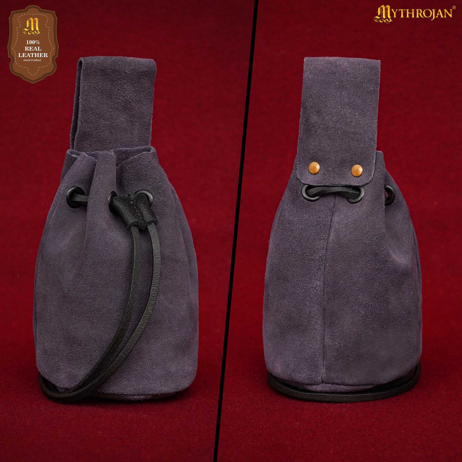 Mythrojan Medieval Drawstring Belt Bag, Ideal for SCA LARP Reenactment &amp; Ren Fair, Suede Leather, Blue 6”×5”