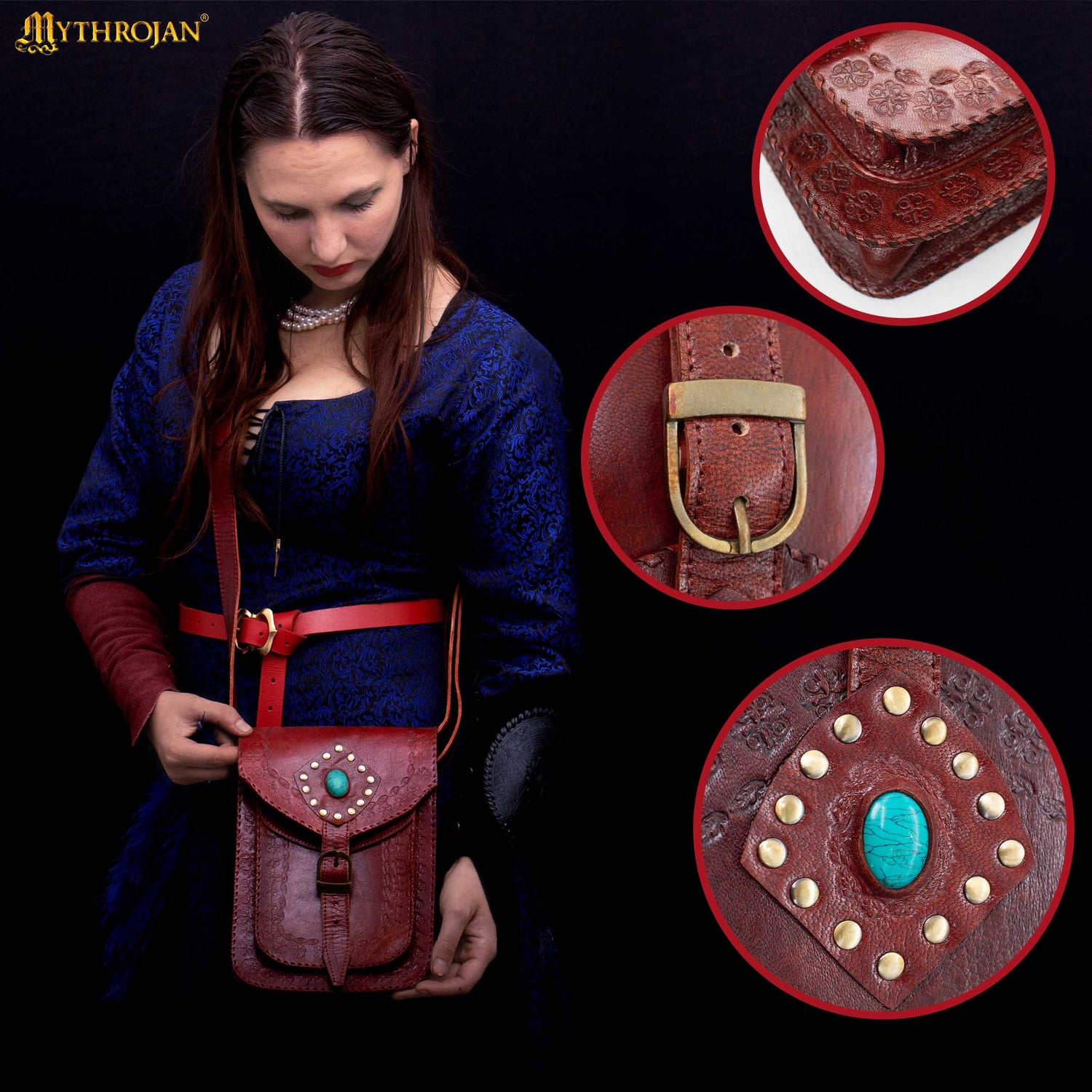MYTHROJAN “SORCERESS FROM THE EAST” MEDIEVAL Sling Bag ideal for enchantress, LARP mage, D&amp;D wizard, Witcher cosplay, Maroon 10" x 7”