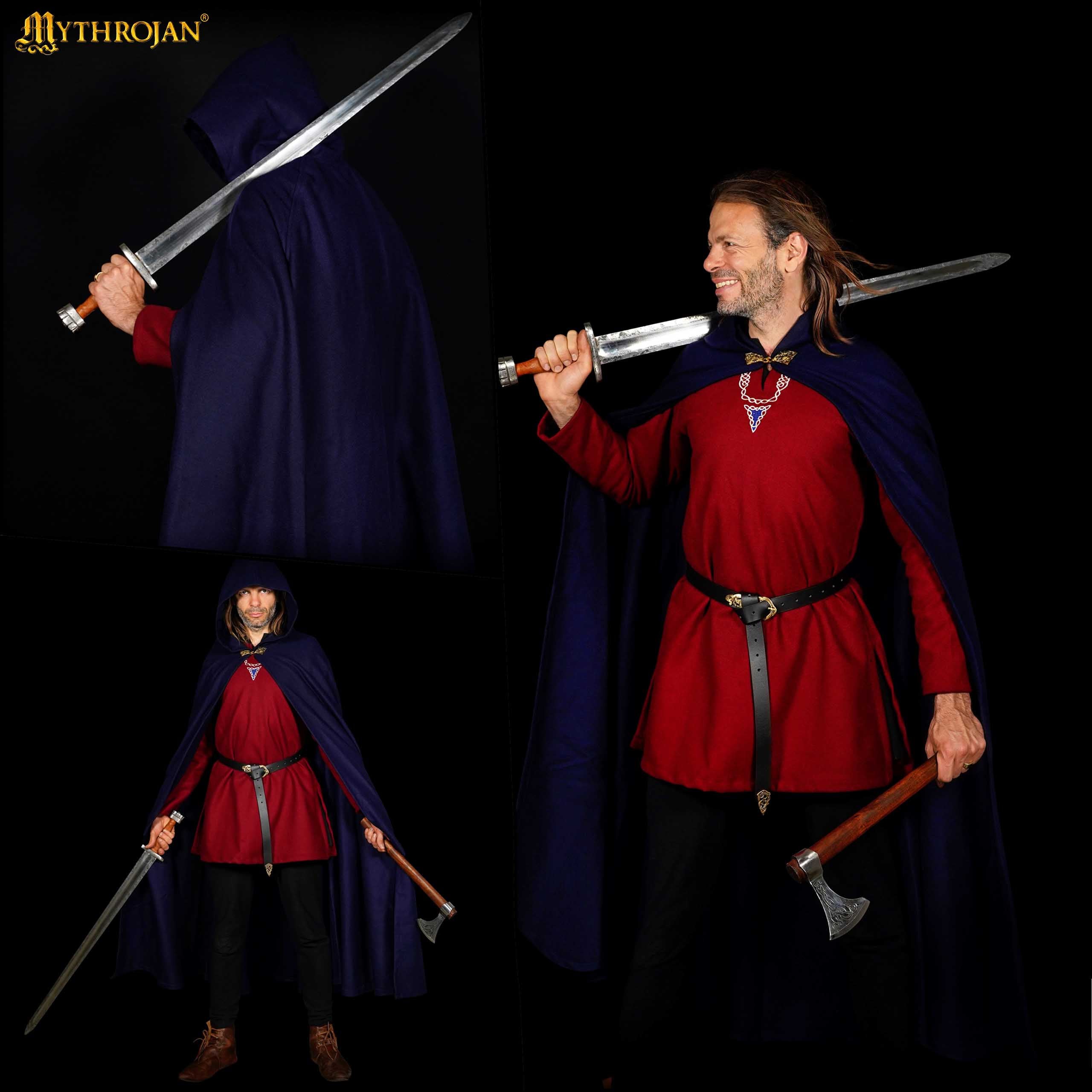 Mythrojan Woolen Hooded Cloak/Cape with BRASS BROOCH Medieval Wool Cape for Ranger LARP SCA Cosplay, Navy Blue, Large
