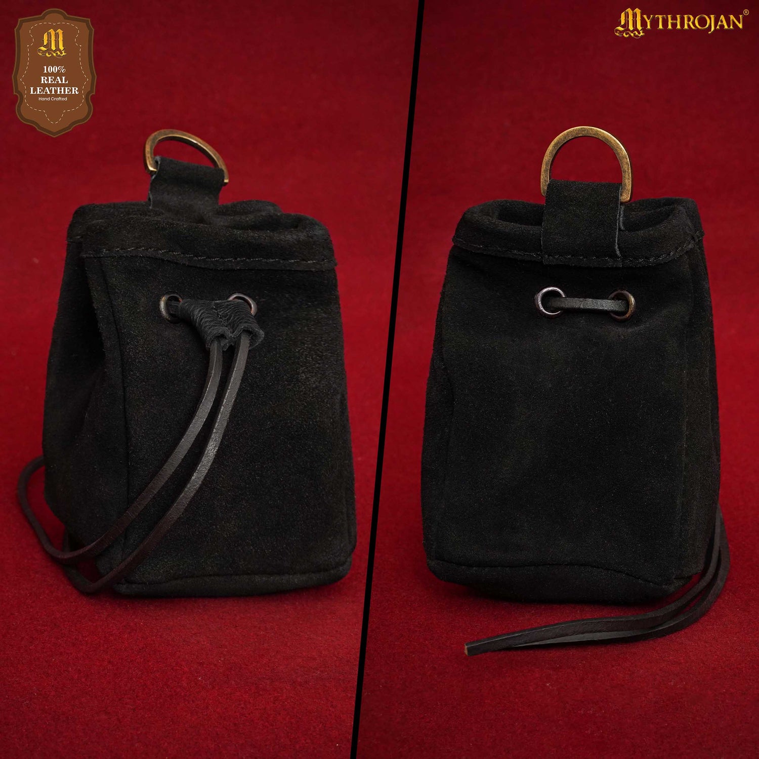 Mythrojan Medieval Drawstring Belt Bag, Ideal for SCA LARP Reenactment &amp; Ren fair , Suede Leather , Black
