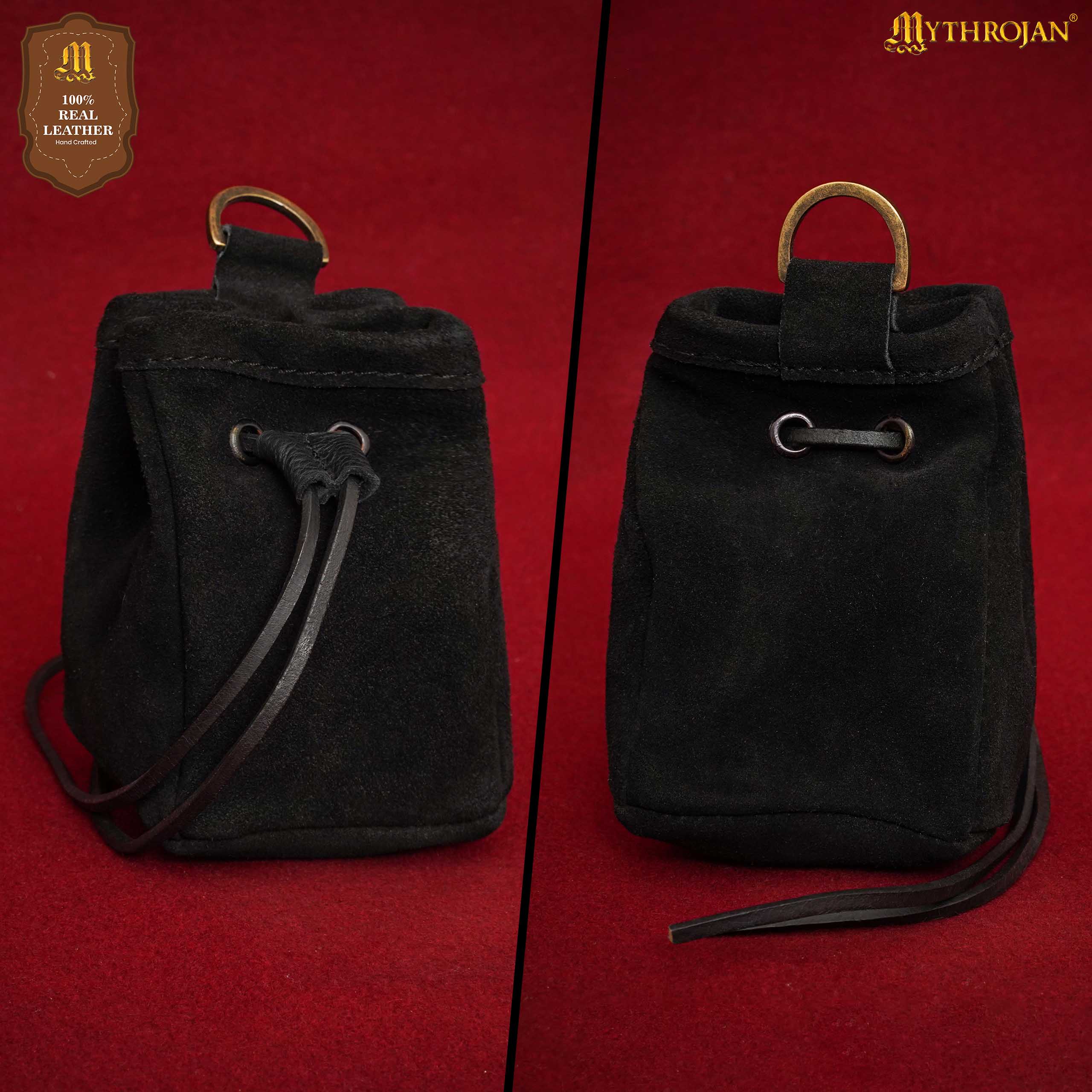 Mythrojan Medieval Drawstring Belt Bag, Ideal for SCA LARP Reenactment &amp; Ren fair , Suede Leather , Black