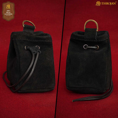Mythrojan Medieval Drawstring Belt Bag, Ideal for SCA LARP Reenactment &amp; Ren fair , Suede Leather , Black