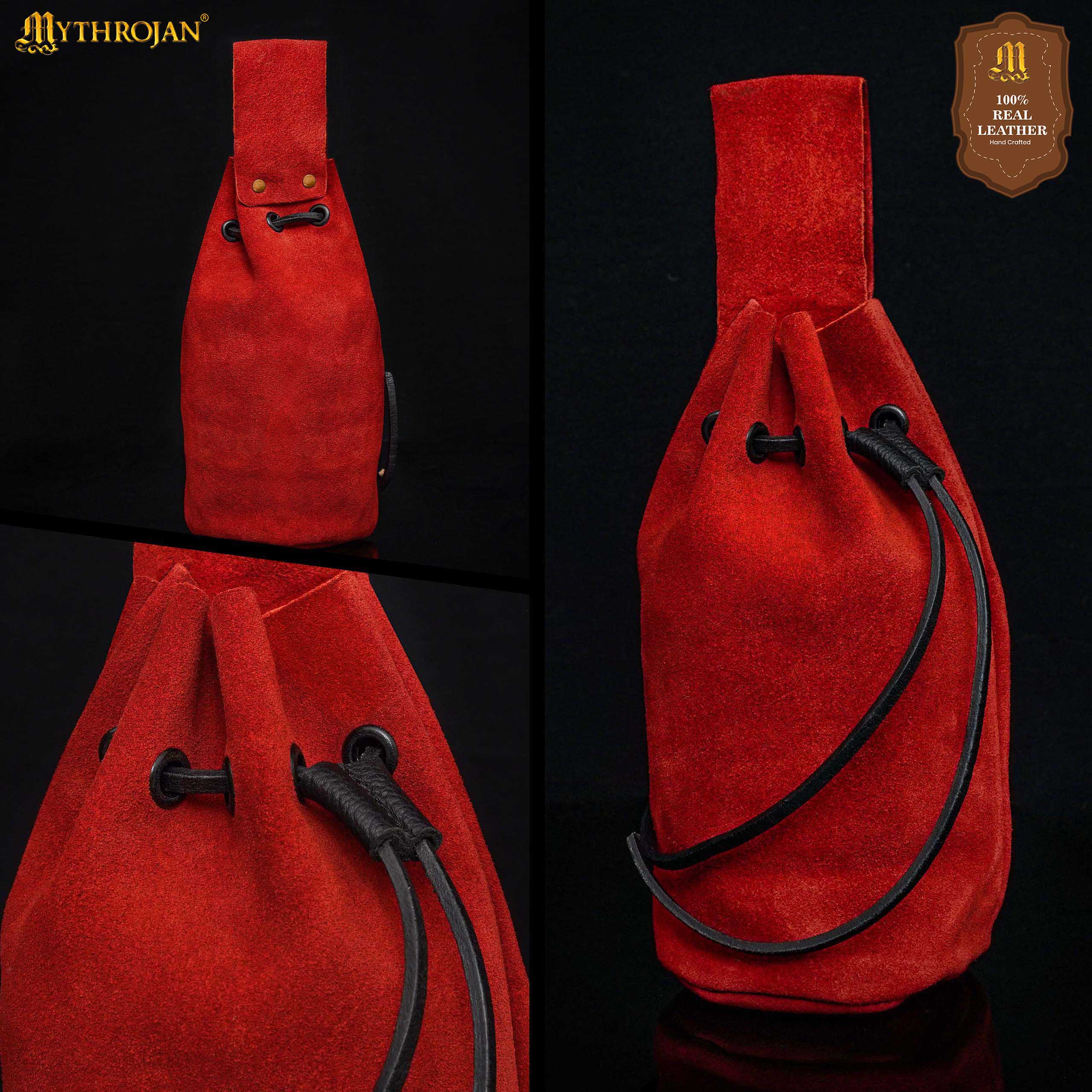 Mythrojan Medieval Drawstring Belt Bag, Ideal for SCA LARP Reenactment &amp; Ren Fair, Suede Leather, Cherry 8”×6.5”