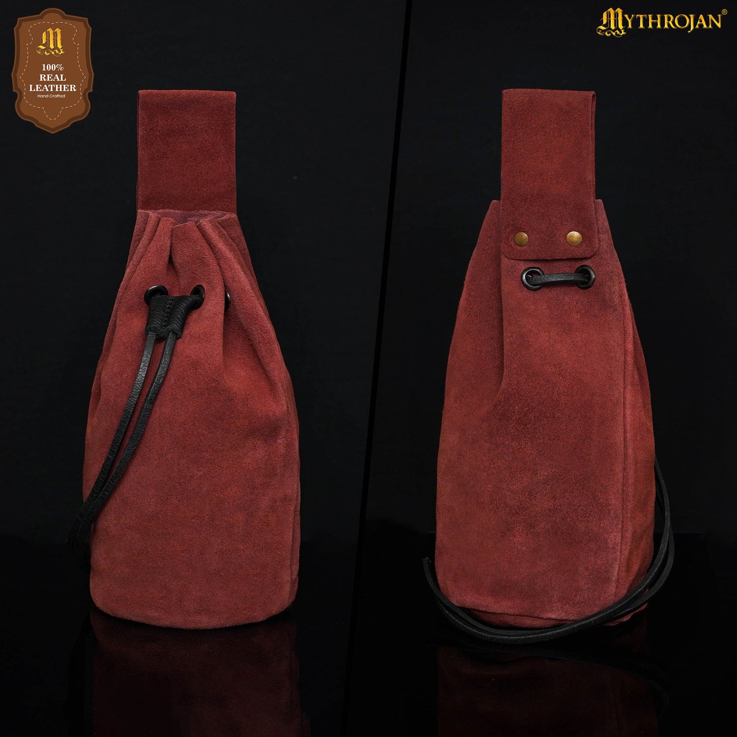 Mythrojan Medieval Drawstring Belt Bag, Ideal for SCA LARP Reenactment &amp; Ren fair , Suede Leather , Wine Red 8” ×6.5 ”