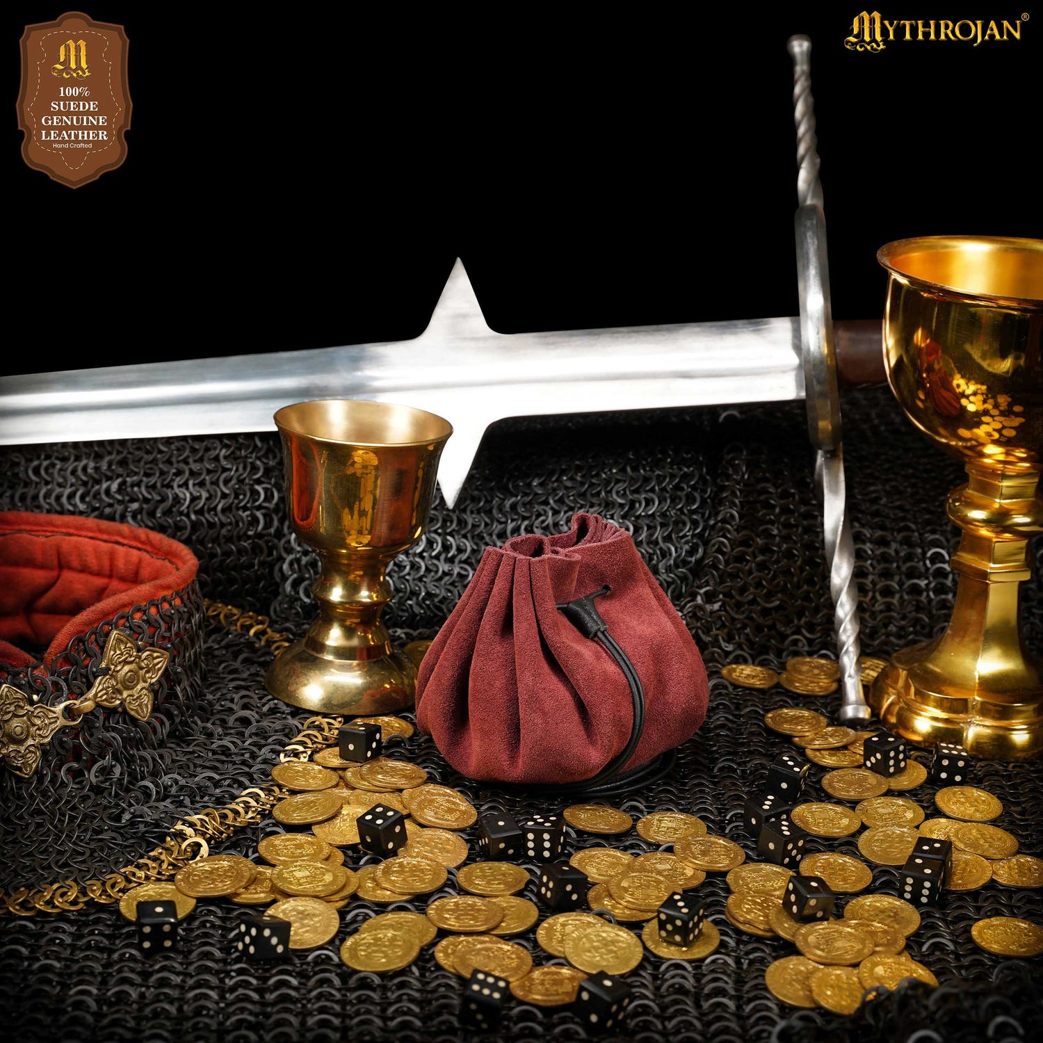 Mythrojan “ Gold and Dice ” Medieval Drawstring Bag, Ideal for SCA LARP Reenactment &amp; Ren fair - Suede Leather Pouch, Wine Red 3.5"