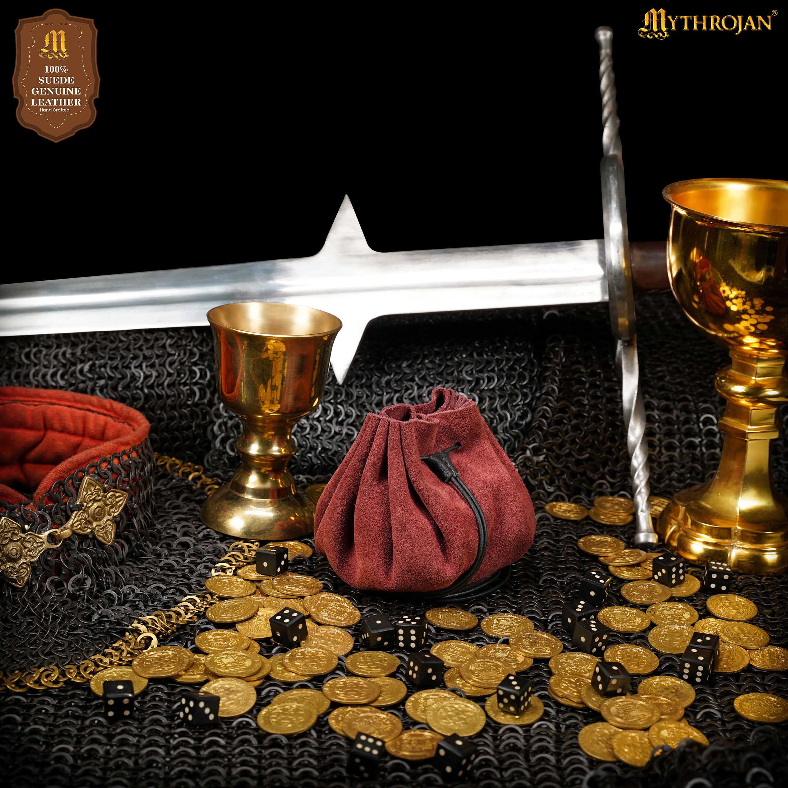 Mythrojan “ Gold and Dice ” Medieval Drawstring Bag, Ideal for SCA LARP Reenactment &amp; Ren fair - Suede Leather Pouch, Wine Red 3.5"