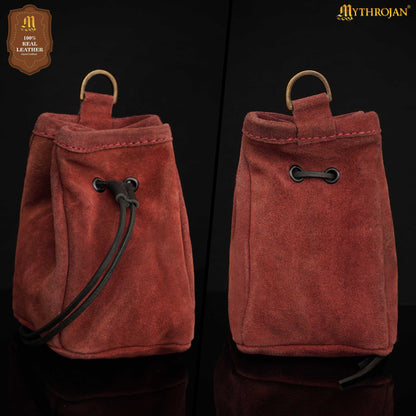Mythrojan Medieval Drawstring Belt Bag, ideal for SCA LARP reenactment &amp; Ren fair, Suede Leather, Burgundy, 5”×4”