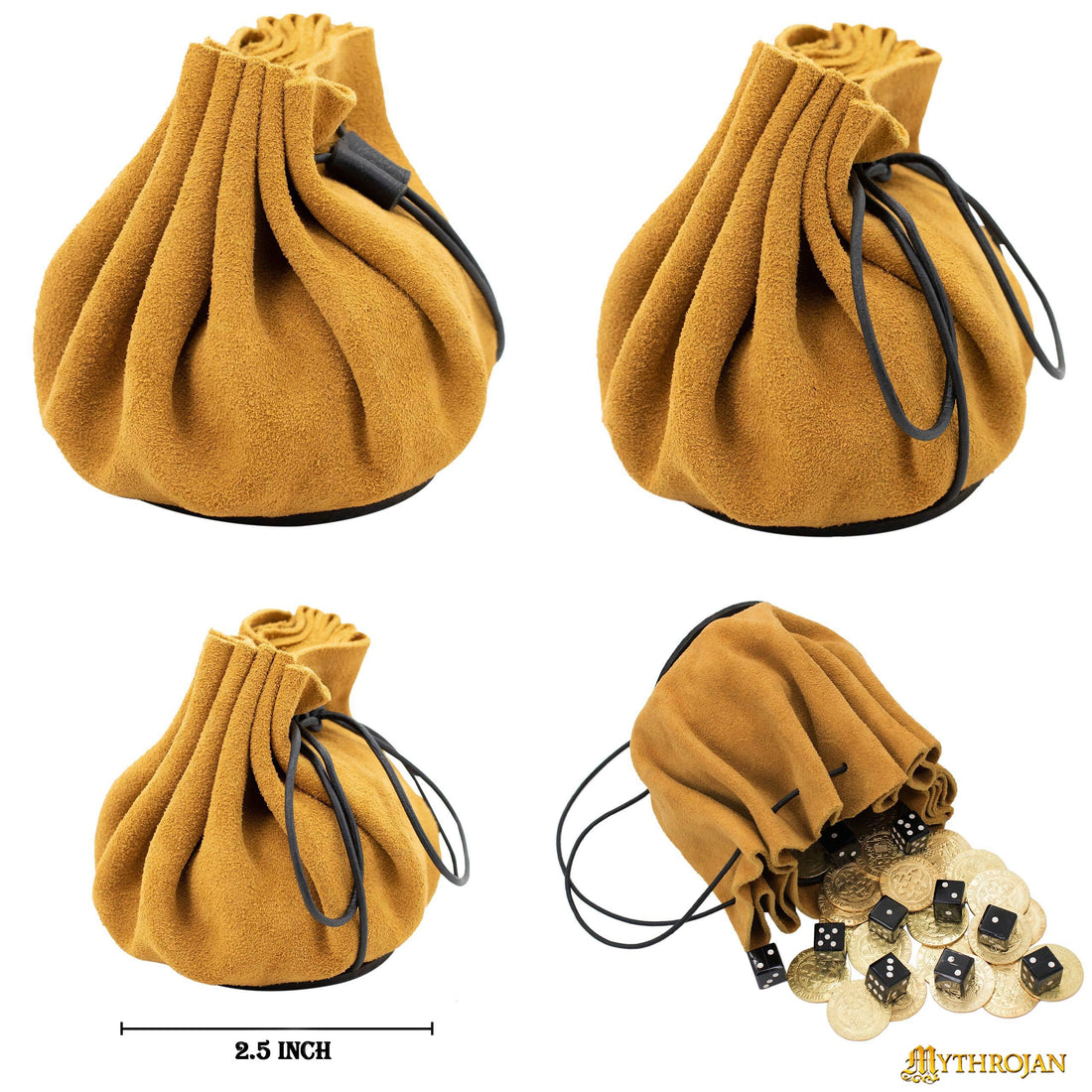 Mythrojan “ Gold and Dice ” Medieval Drawstring Pouch , Ideal for SCA LARP Reenactment &amp; Ren fair : Suede Leather Bag , 2.5"