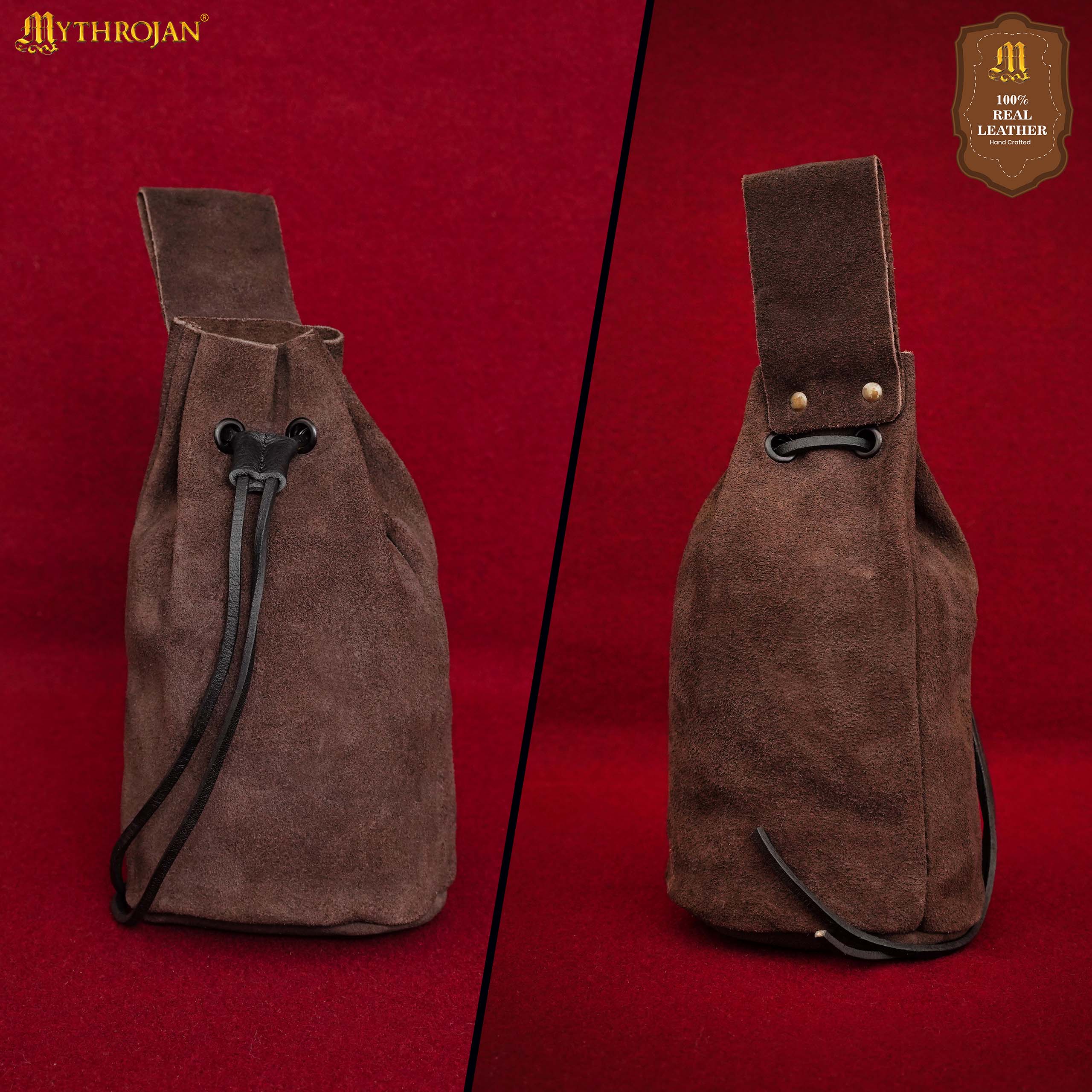 Mythrojan Medieval Drawstring Belt Bag, Ideal for SCA LARP Reenactment &amp; Ren fair , Suede Leather , Brown 8” ×6.5 ”