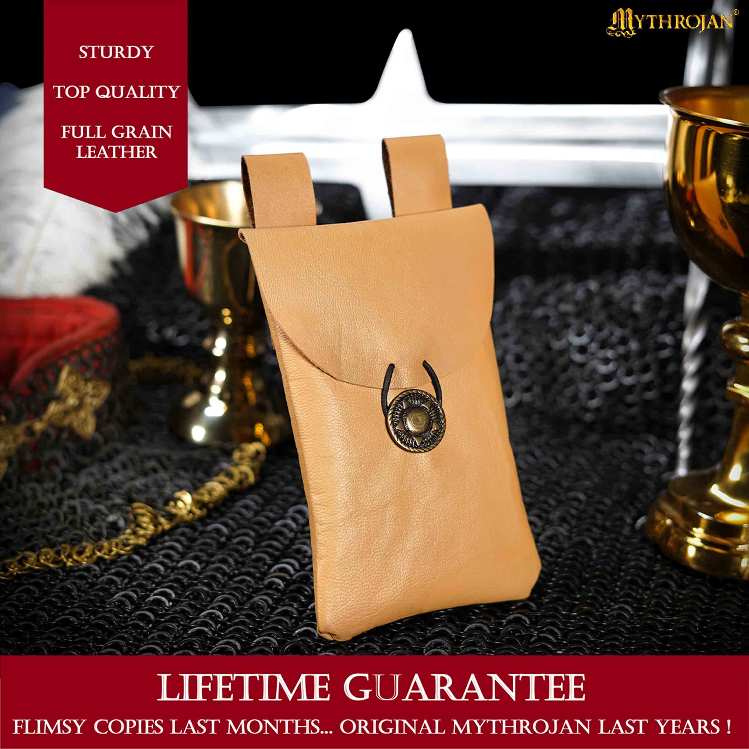 Mythrojan Leather Belt Bag, Ideal for SCA LARP Reenactment &amp; Ren fair, Full Grain Leather, Natural , 7.2 ”× 4.7 ”