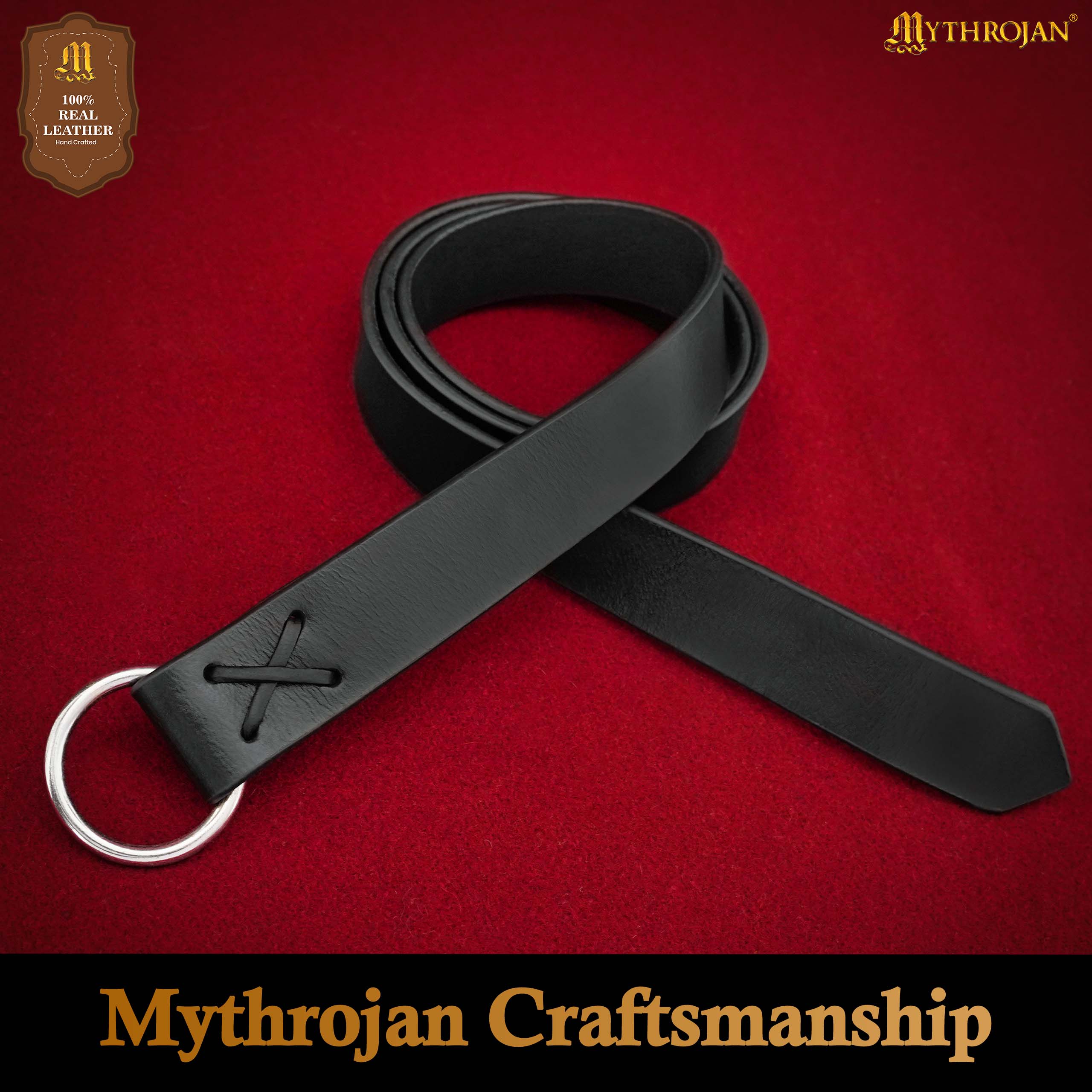 Mythrojan O - Ring Medieval Leather Belt , Ideal for LARP SCA Warrior Gothic Renaissance , Full Grain Leather, BLACK