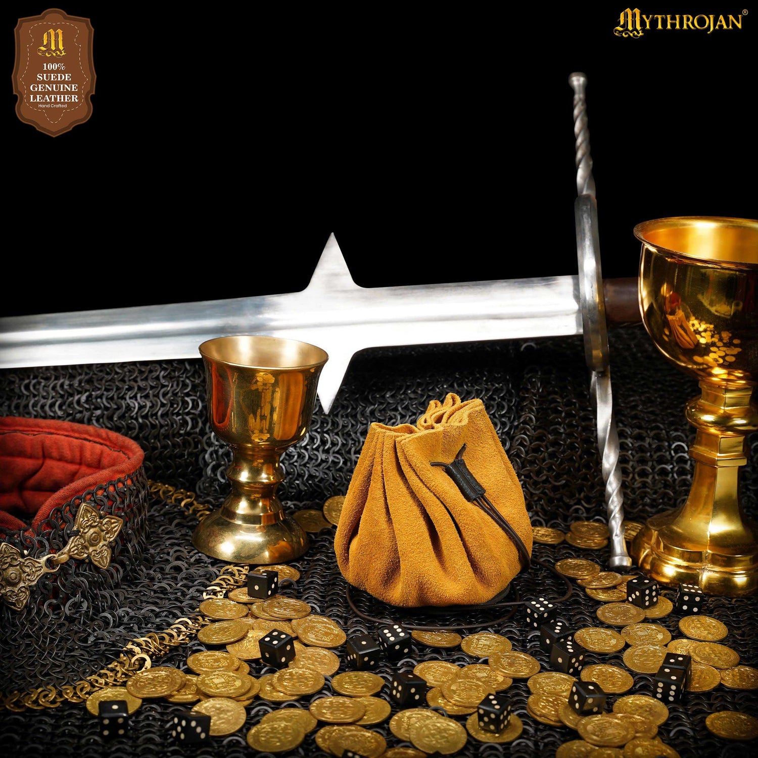 Mythrojan “ Gold and Dice ” Medieval Drawstring Pouch , Ideal for SCA LARP Reenactment &amp; Ren fair : Suede Leather Bag , 3.5”