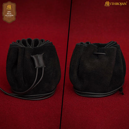 Mythrojan “Gold and Dice” Medieval Drawstring Bag, Ideal for SCA LARP Reenactment &amp; Ren Fair-Suede Leather Pouch, Deep Black 2.5”