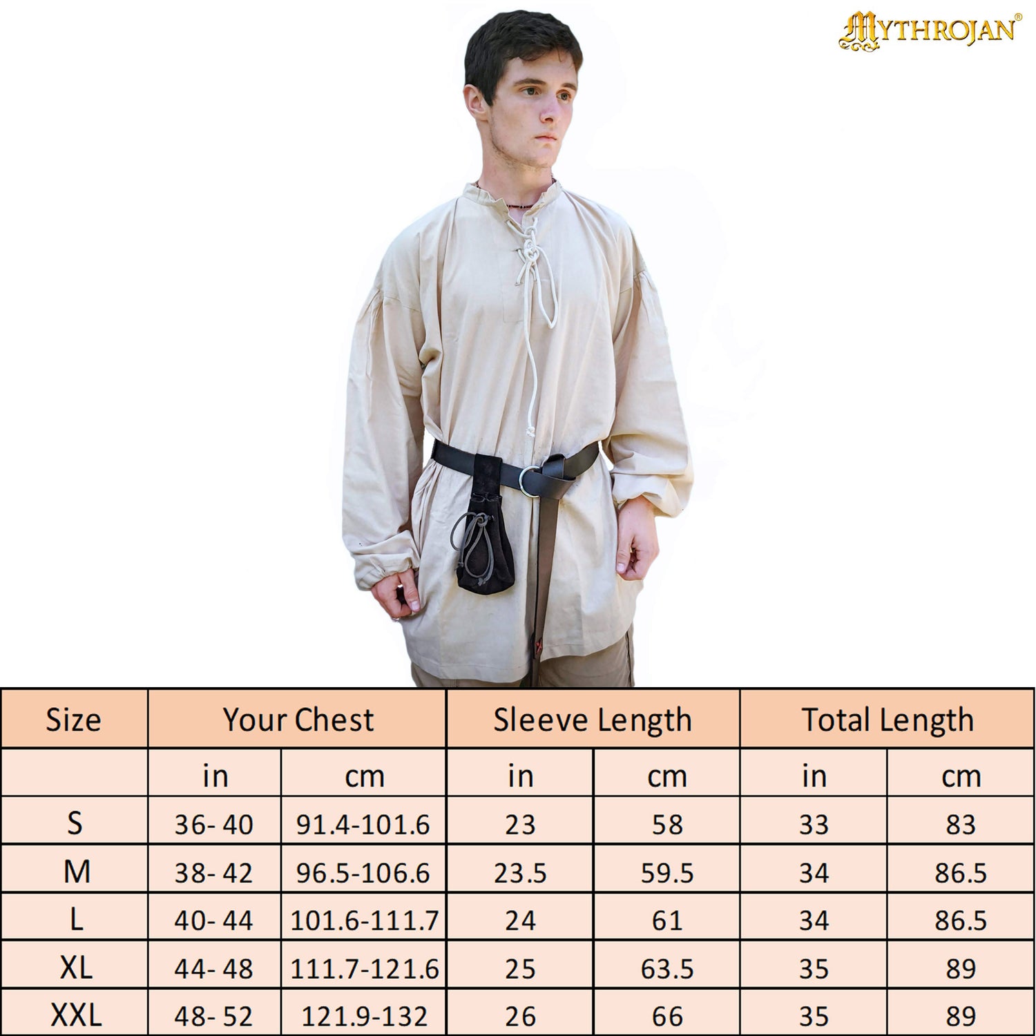 Mythrojan &quot;Adventurer&quot; Shirt with Lacing 100% Cotton Medieval Viking SCA LARP - Beige