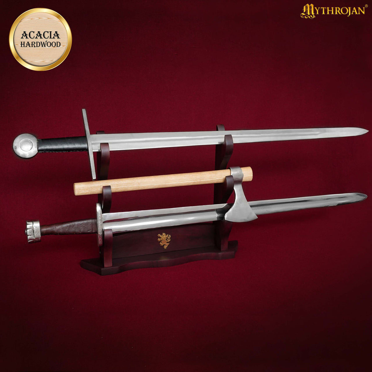 Mythrojan Solid Wood Sword Stand Medieval Sword Wall Mount Samurai Sword Display Stand Katana Sword Holder Gladiator Sword Wall Display Crusader Sword Stand Knife Stand for Display - Three Tier Sand 17" x 14"