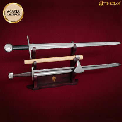 Mythrojan Solid Wood Sword Stand Medieval Sword Wall Mount Samurai Sword Display Stand Katana Sword Holder Gladiator Sword Wall Display Crusader Sword Stand Knife Stand for Display - Three Tier Sand 17" x 14"